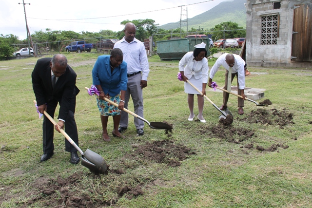(L-r) Premier of Nevis Hon. Vance Amory, Chairperson of the SIDF Board of Counsellors Dr. Robertine Chaderton and Counsellor Leon Lescott and Matron Aldris Dias and Medical Chief of Staff Dr. Cardell Rawlins breaking ground on May 31, 2017, for the expansion of the Alexandra Hospital project